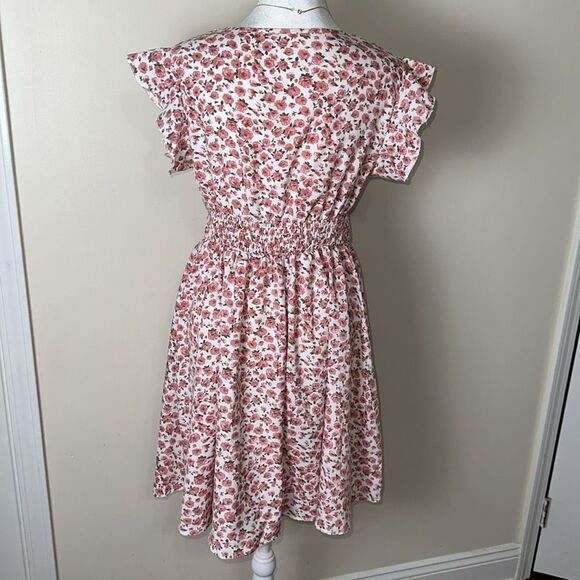 SHEIN M White Pink Rose Floral Faux Wrap Flutter Sleeve A-Line Dress - Picture 9 of 14